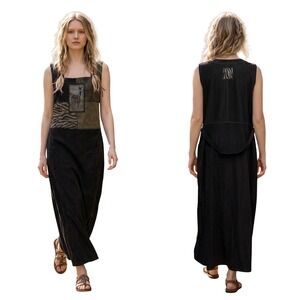 Vintage Maxi Jumper Dress Boho Womens 1X Black Animal Print Patchwork Suede Slit